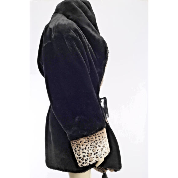 Vintage Black Faux Fur Shearling Coat Leopard Print Collar Cuffs Plush Size M - Picture 7 of 14